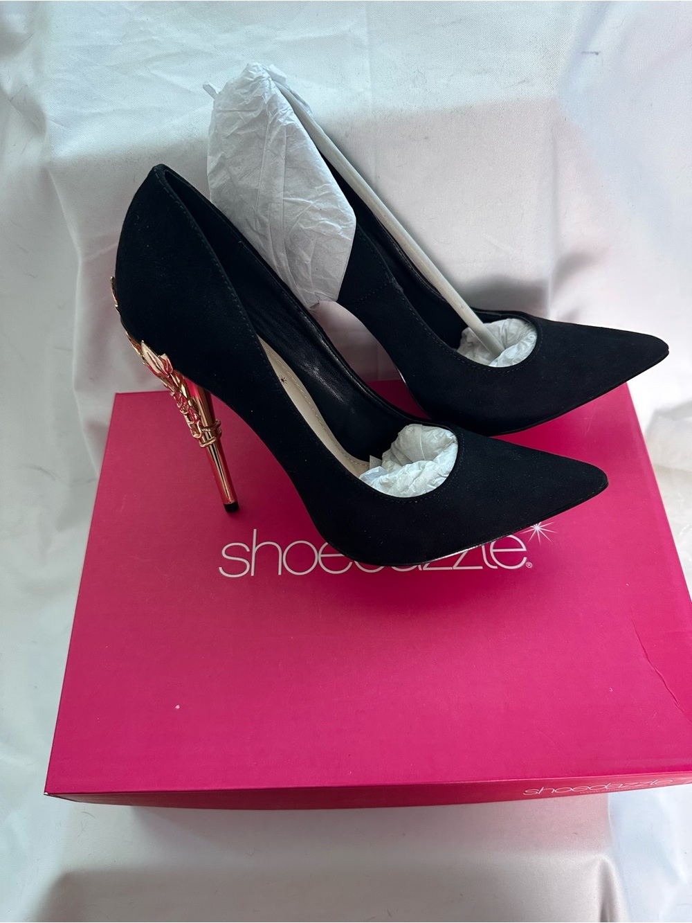 Shoedazzle Black Pumps Gold Sculptural Heel Size 7 NIB